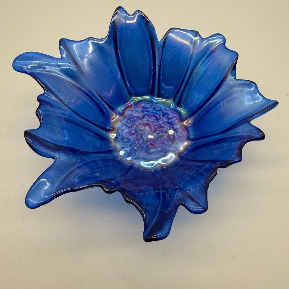 AKCAM Iridescent Blue Glass Flower Bowl - Handmade in Turkey - Art Glass